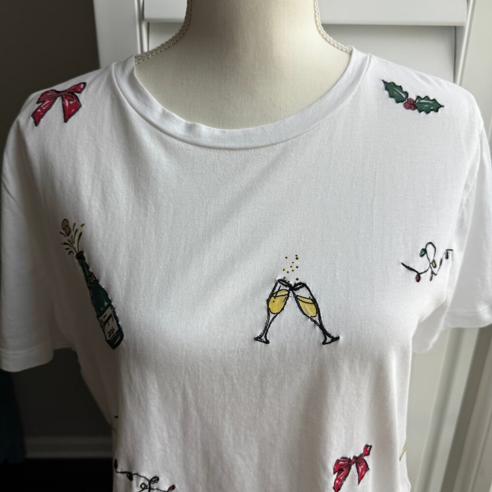 J. CREW Embroidered Party Tee Womens Small White Embellished Cheers Holiday Boxy - Picture 8 of 14